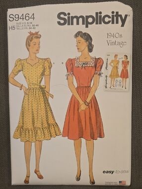 Simplicity 1940s Vintage Women's Dress Sewing Pattern - Yellow and Red Options